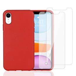 Coque iPhone XR et 2 écrans de protection - Matière naturelle - Rouge