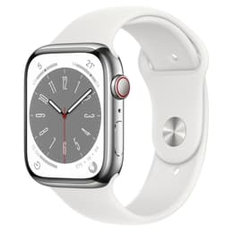 Apple Watch (Series 8) 2022 GPS + Cellular 45 mm - Acier inoxydable Argent - Bracelet sport Blanc