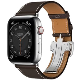 Apple Watch (Series 4) 2018 GPS + Cellular 44 mm - Acier inoxydable Argent - Cuir Marron