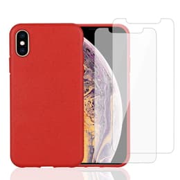 Coque iPhone X/iPhone XS et 2 écrans de protection - Matière naturelle - Rouge