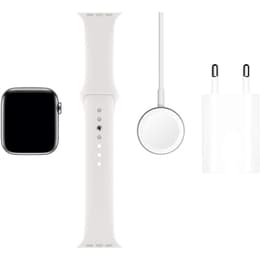 Apple Watch Series 5 (2019) GPS + Cellular 44 mm - Acier inoxydable Argent - Bracelet sport Blanc