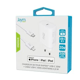 JAYM - Pack Chargeur Secteur Rapide USB-C 20W PD + Câble USB-C 2 mètres Compatible Lightning MFI Blanc