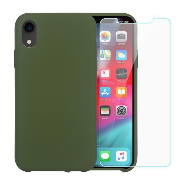Coque et 2 écrans de protection iPhone XR - Silicone - Olive Vert