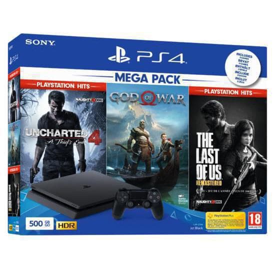 PlayStation 4 Slim 500Go - Jet black + Uncharted 4: A Thief´s End + God Of War + The Last of Us: Remastered